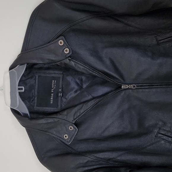 Serge Platini Black Leather Moto Bomber Jacket Milan Italy M - Picture 2 of 13